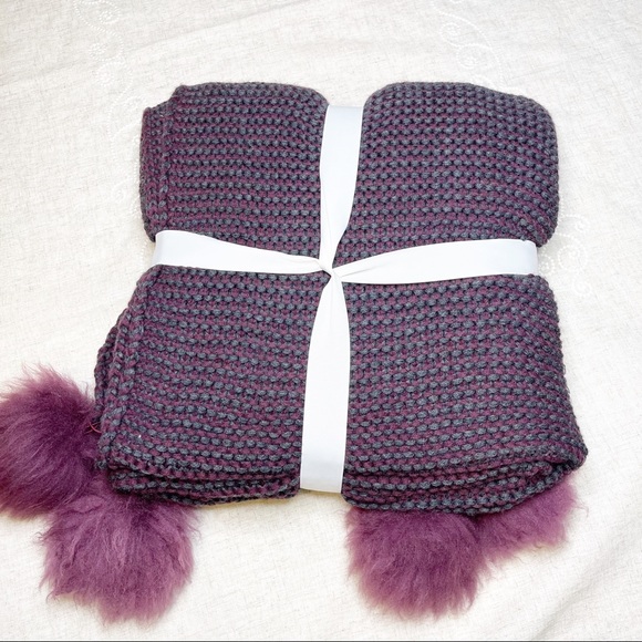 Ugg Snow Creek Pom Pom Throw Blanket Purple Gray - Picture 5 of 8